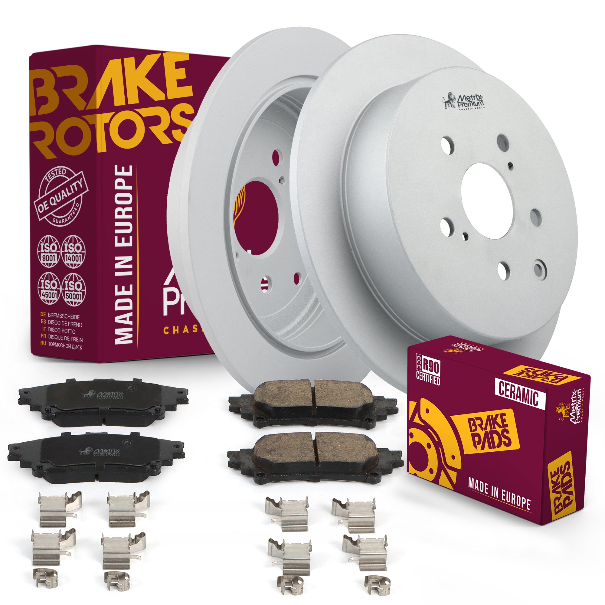 Metrix Premium Chassis Parts - Rear Ceramic Disc Brake Pad Set & Solid Brake Rotor Kit Fits 2010-2015 Lexus RX350, 2010-2015 Lexus RX450h, 2014-2019 Toyota Highlander, 2011-2020 Sienna, Made in Europe