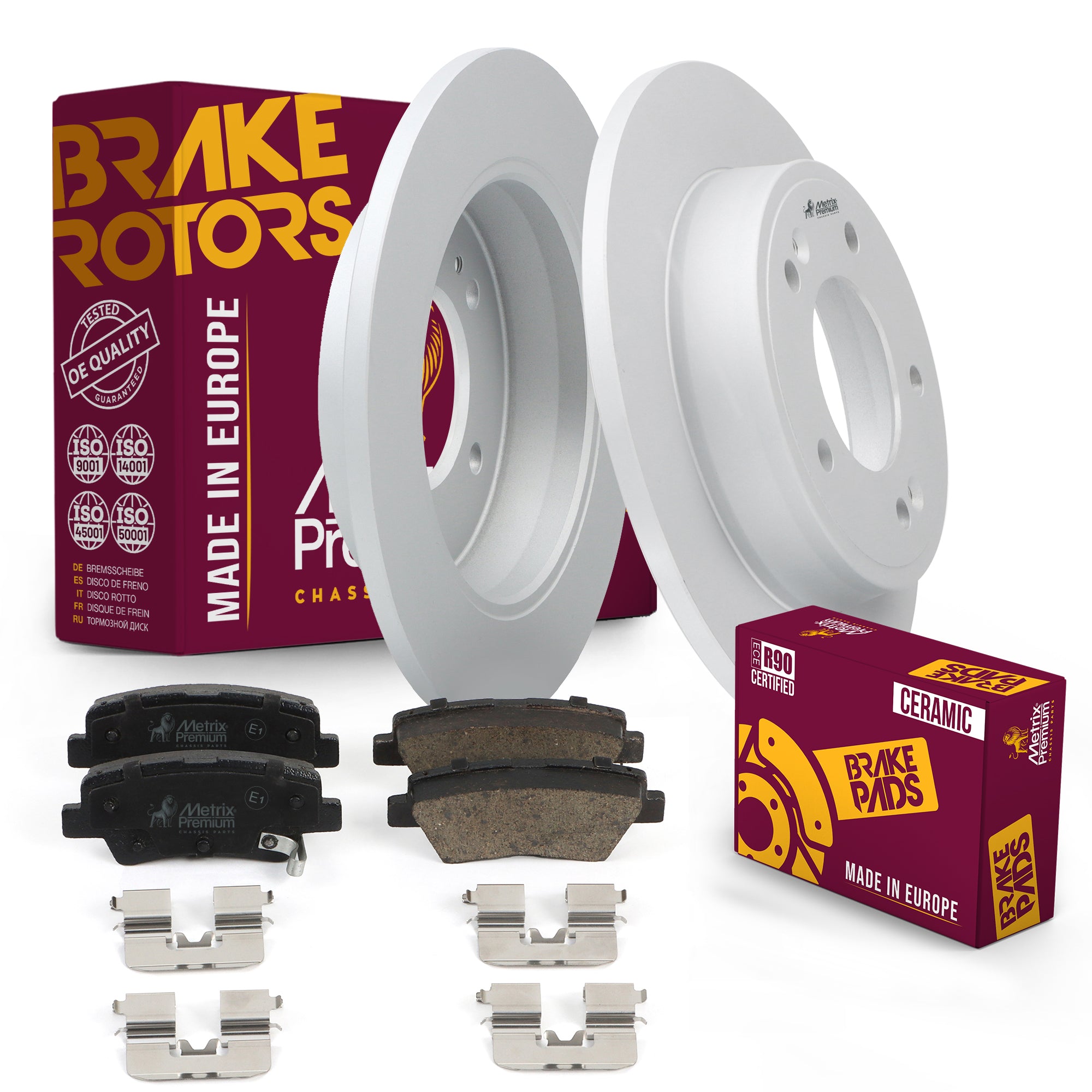 Metrix Premium Chassis Parts - Rear Ceramic Disc Brake Pad Set & Solid Brake Rotor Kit Fits 2011-2016 Hyundai Elantra, 2013-14 Elantra Coupe, Elantra GT, Veloster, Kia Forte, Forte Koup, Forte5, Soul
