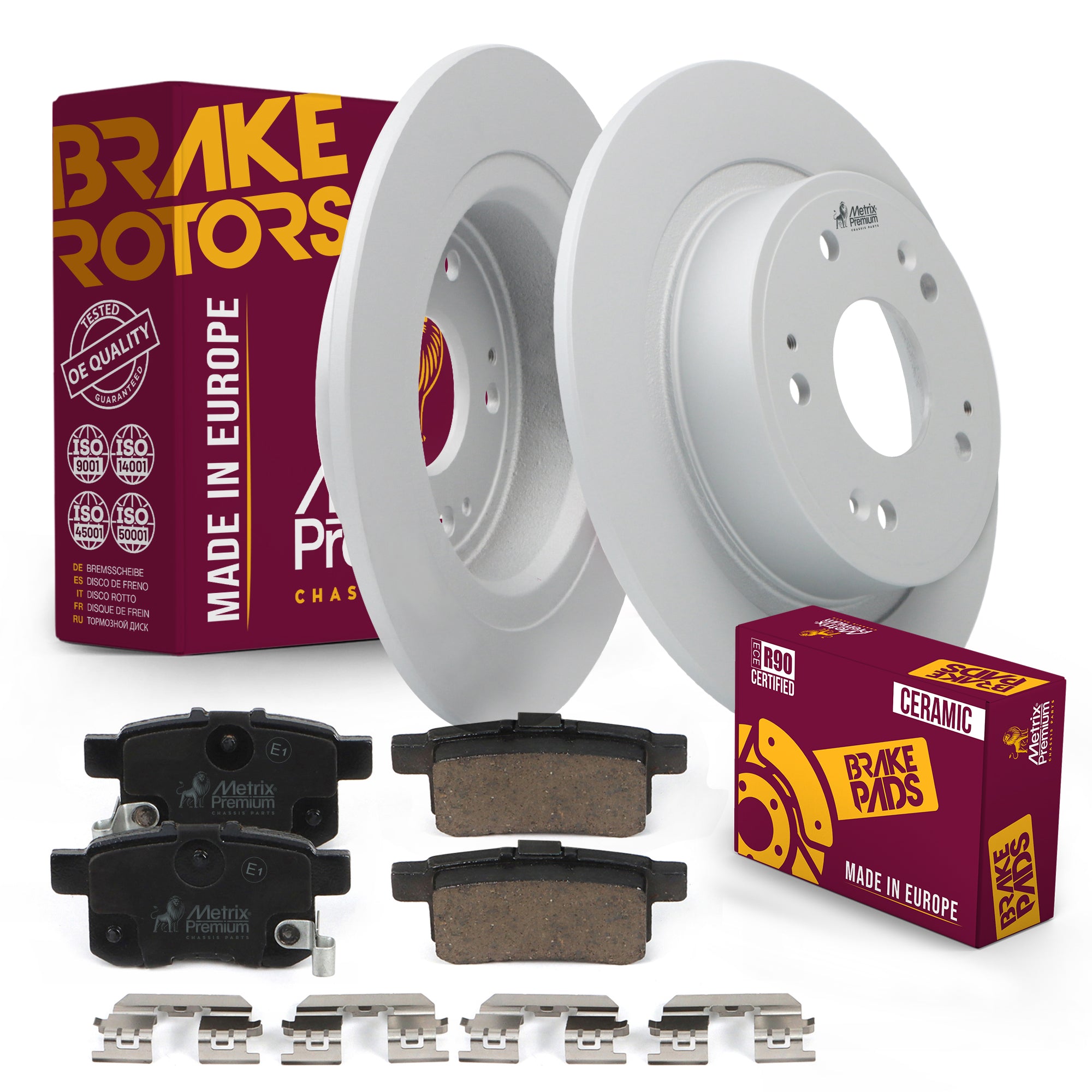 Metrix Premium 3 PC Rear Ceramic Disc Brake Pad Set & Solid Brake Rotor Kit 96287MT Low Dust