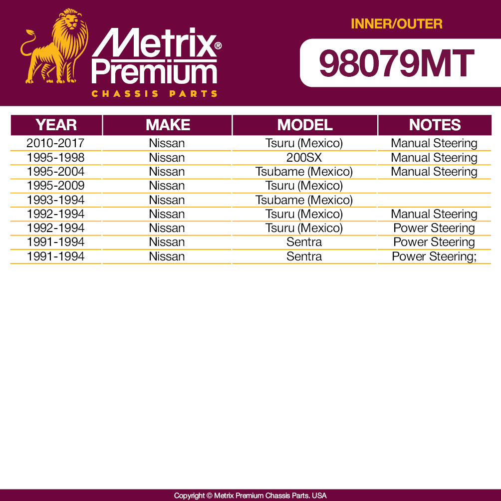 Metrix Premium 4 PC Inner Tie Rod End and Outer Tie Rod End Kit 98079MT OEM fit auto parts fitment compability