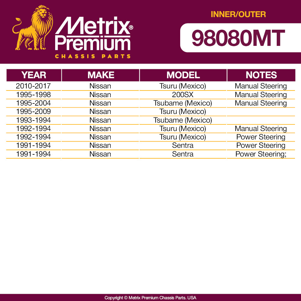 Metrix Premium 4 PC Inner Tie Rod End and Outer Tie Rod End Kit 98080MT OEM fit auto parts fitment compability