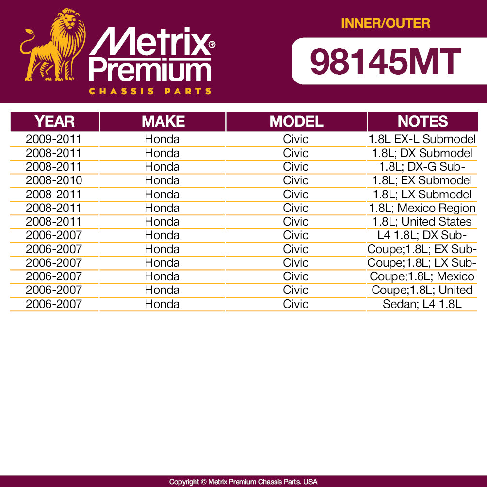 Metrix Premium 4 PC Inner Tie Rod End and Outer Tie Rod End Kit 98145MT OEM fit auto parts fitment compability