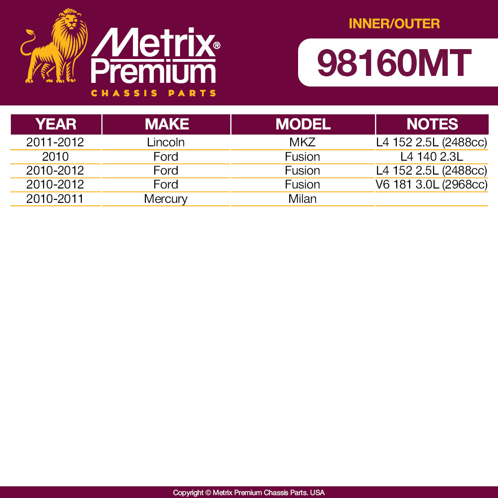 Metrix Premium 4 PC Inner Tie Rod End and Outer Tie Rod End Kit 98160MT OEM fit auto parts fitment compability
