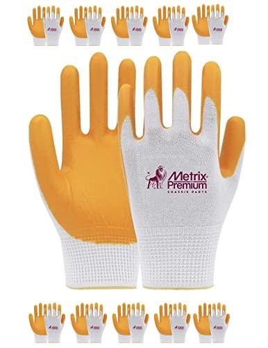 METRIX PREMIUM CHASSIS PARTS All Purpose Industrial Safety Work Gloves, Gold Yellow, MicroFoam Nitrile Coated 10 Pairs, Seamless Knit Nylon - Metrix Premium Chassis Parts